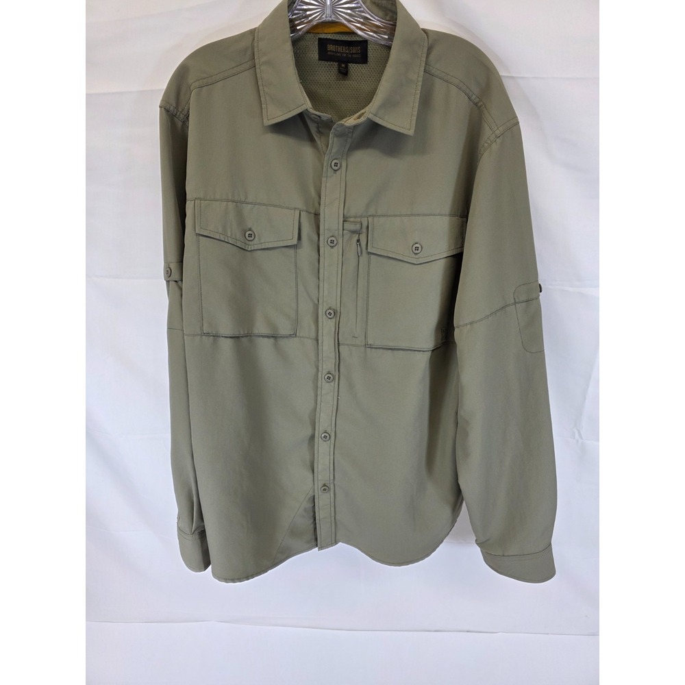 Brothers Sons Mens Medium Olive Green Long Sleeve Utility Hiking Fishing Shirt